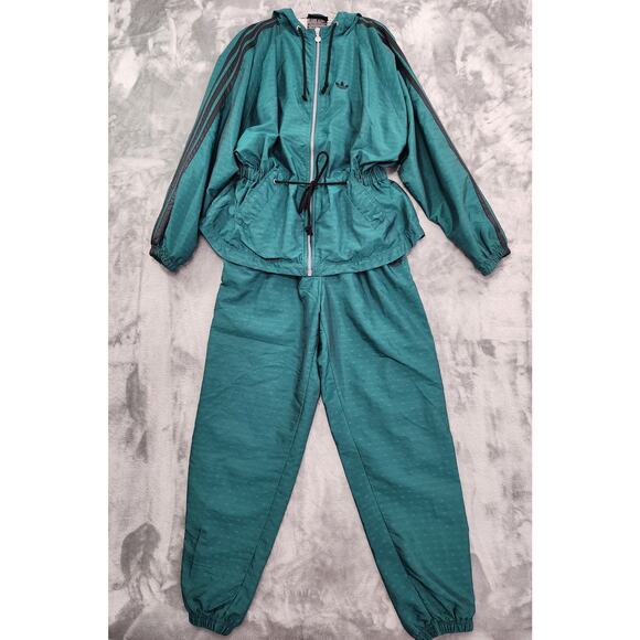 Vintage 90s Adidas Drawstring Waist Track Suit Size M Green Black Zip Hem Lined